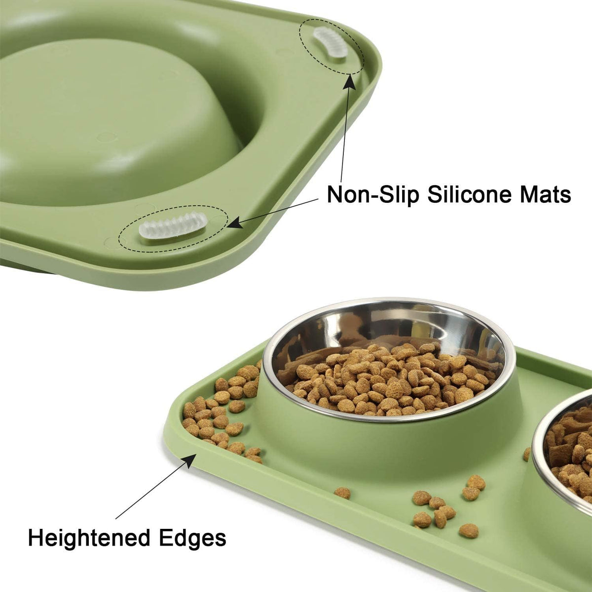 Cat Food Bowls, Cat Bowls Non-Skid and Non-Spill Silicone Pads with PP Stand, Removable Stainless