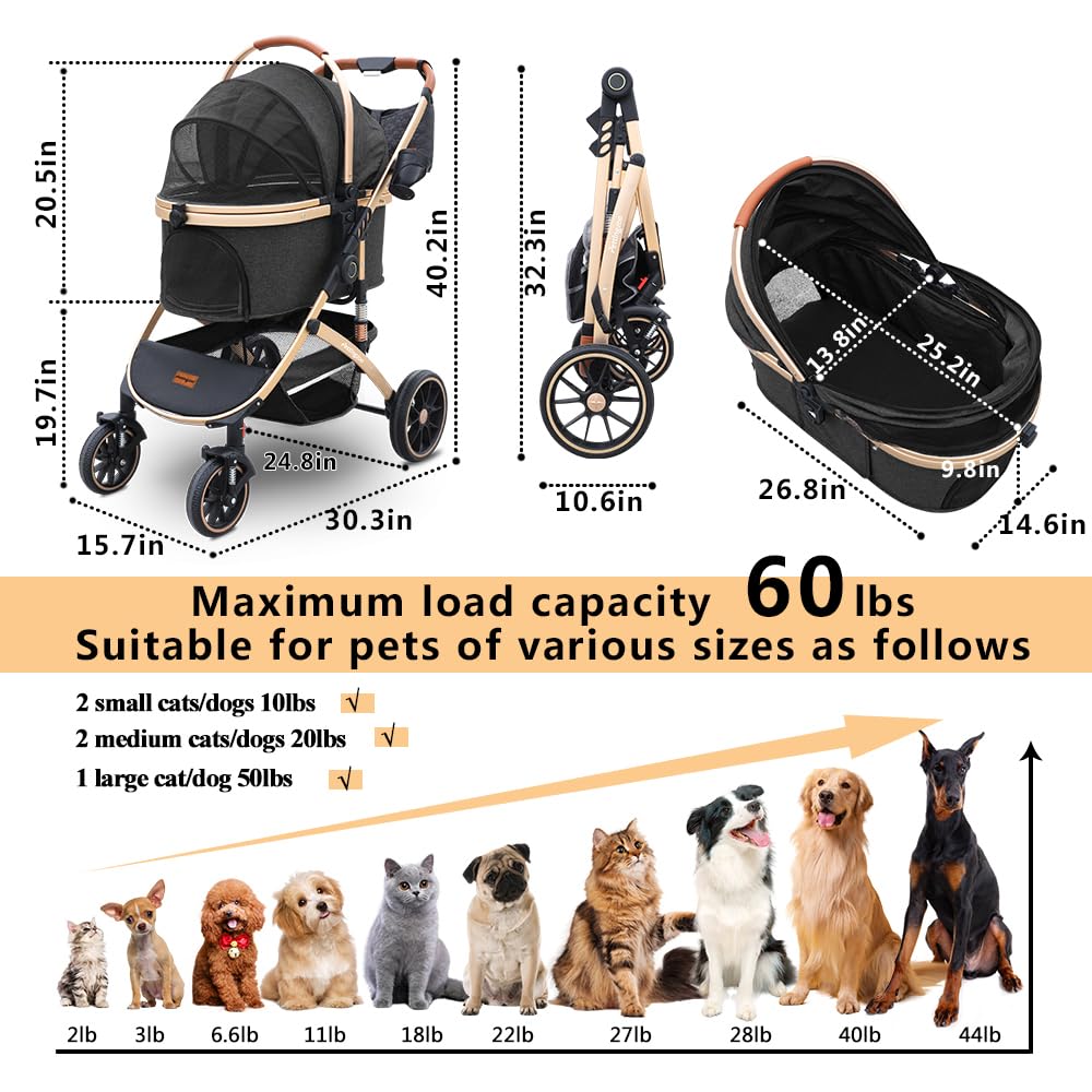 Pettingzoo Dog stroller with 4 Wheels, Folding Cat Stroller for Small/Medium/Large dogs & cats to