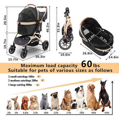 Pettingzoo Dog stroller with 4 Wheels, Folding Cat Stroller for Small/Medium/Large dogs & cats to