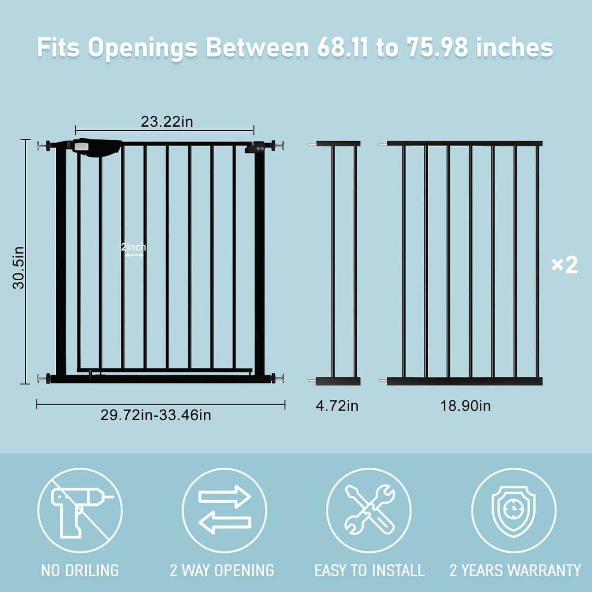 WAOWAO Triple Lock 68.11-75.98" Baby Gate Extra Wide Pressure Mounted Walk Through Swing Auto Close