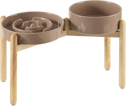 Ceramic Raised Slow Feeder Dog Bowl Set, Elevated 8.2inch Bowl and 9.5inch Puzzle Slow Food Dish