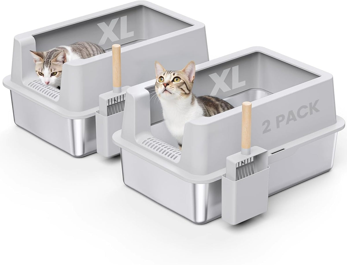 2 Pack Stainless Steel Cat Litter Box - Enclosed XL Metal Kitty Litter Box with Lid for Big Cats