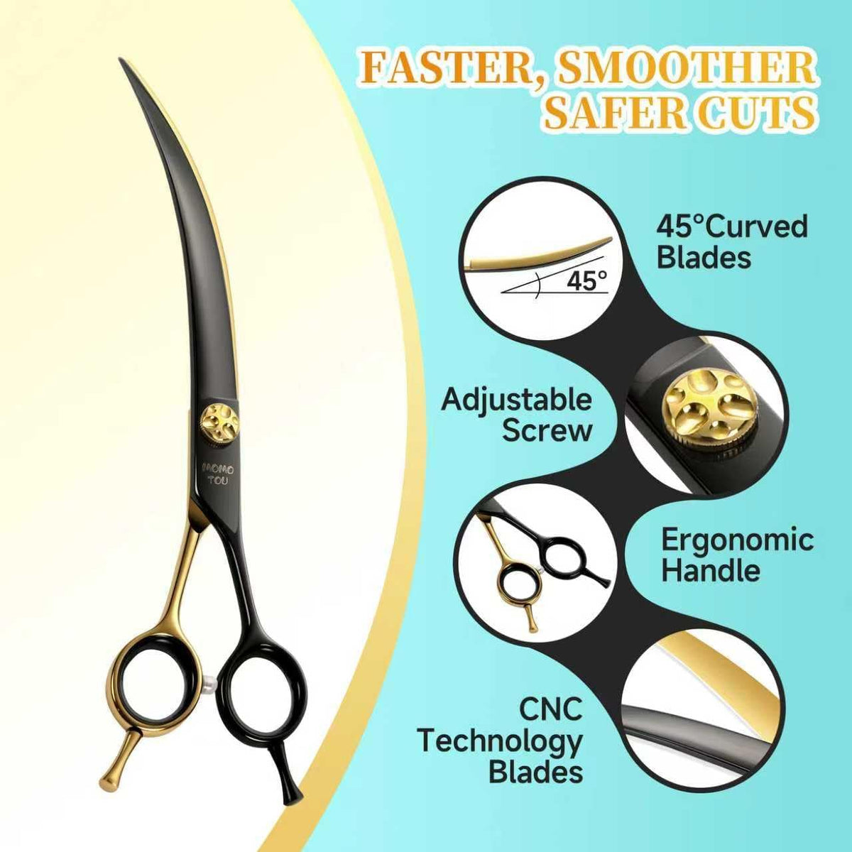45°Super Curved Dog Grooming Scissors 440C Stainless Steel CNC 7.5'' Big Arc Curved Dog Shears