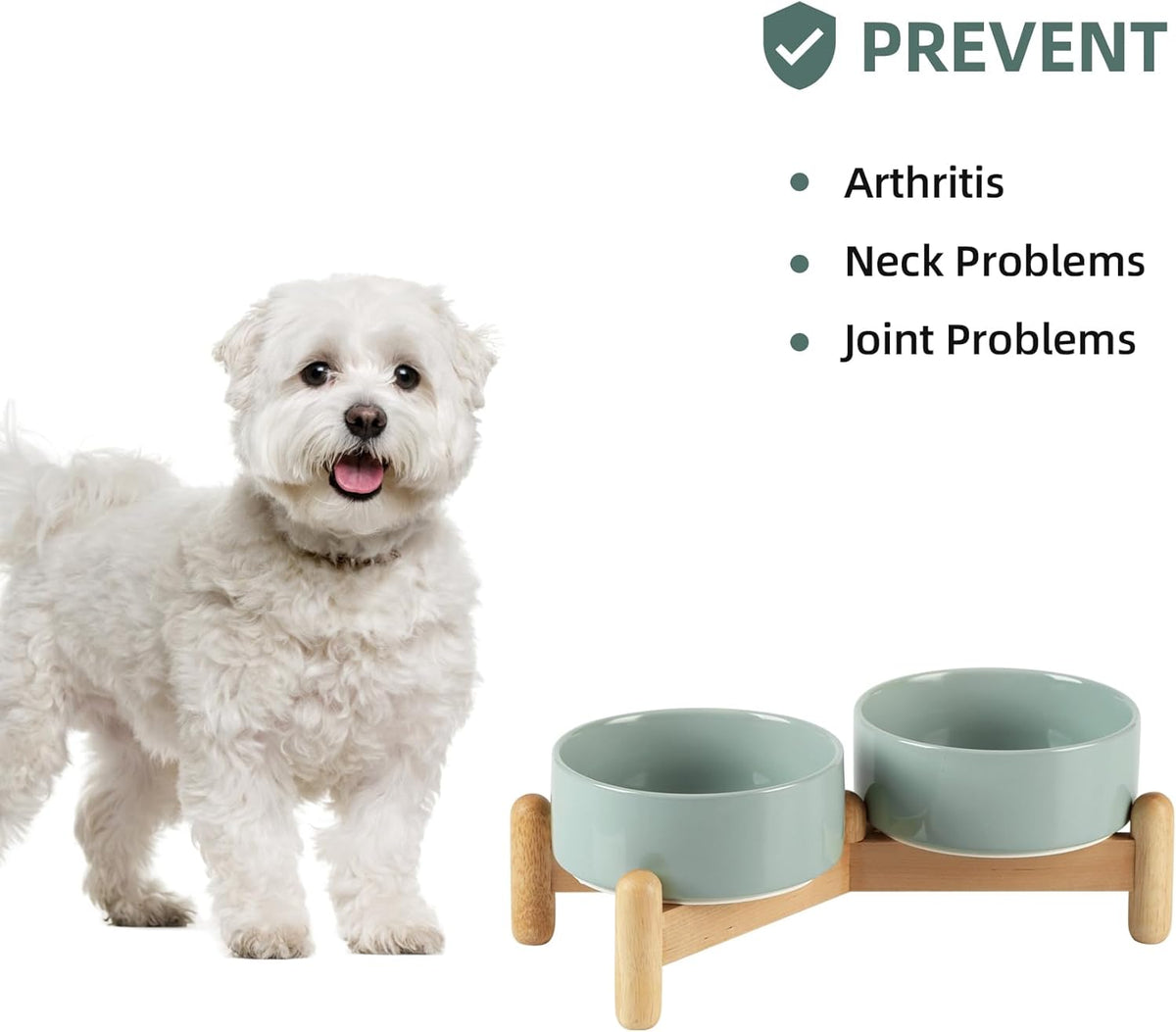 Ceramic 5.1inch Raised Double Bowls Set with Wooden Stand, Elevated Food & Water Bowls for Small