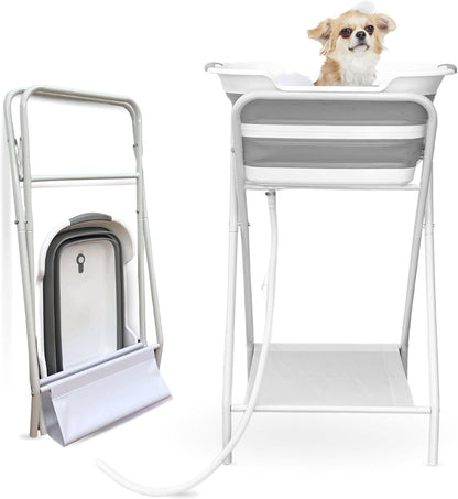 CYGNE 2-in-1 Dog Bathtub & Washing Station, Elevated Collapsible Bathtub with Drainhole & Storage
