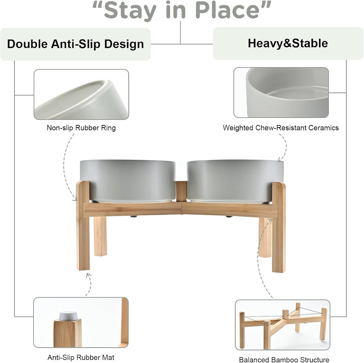 SPUNKYJUNKY Elevated Dog Bowls Ceramic, 7.3'' Dogs Food Water Bowls Raised with Non-Slip Bamboo