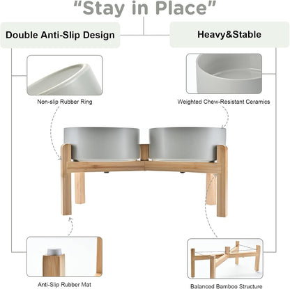 SPUNKYJUNKY Elevated Dog Bowls Ceramic, 7.3'' Dogs Food Water Bowls Raised with Non-Slip Bamboo