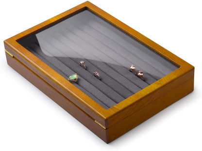 Oirlv Solid Wood Jewelry Display Box Rings Earrings Organizer Case with Acrylic Lid Vintage Gift