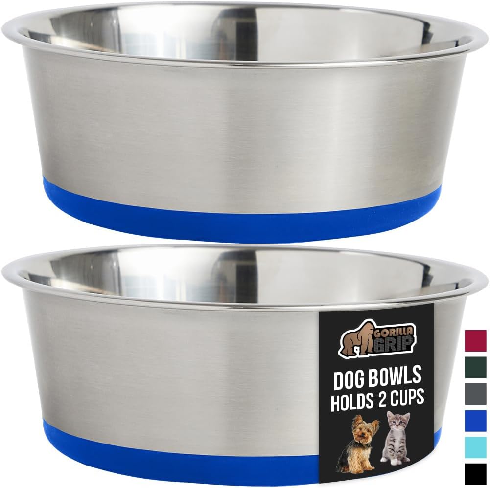 GORILLA GRIP Set of 2 Dog Bowls, Heavy Duty Metal Food and Water Bowl for Feeding Dogs and Cats
