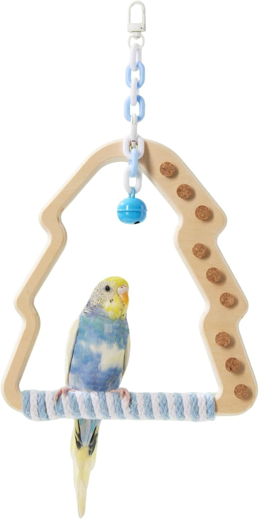 Natural Bird Swing - Moon-Shaped Parrot Perch with Bell and Cork Toys, Spinning Wooden Stand for