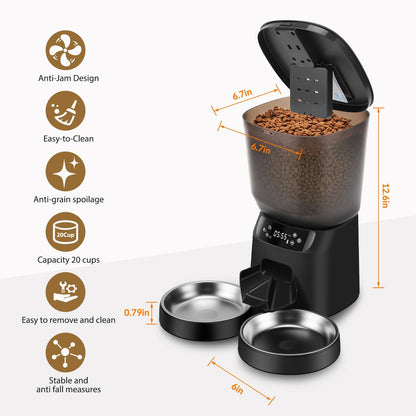 Automatic Cat Feeders for Two Cats, 5L/20 Cups Double Automatic Cat Food Dispenser with 2 Stainless