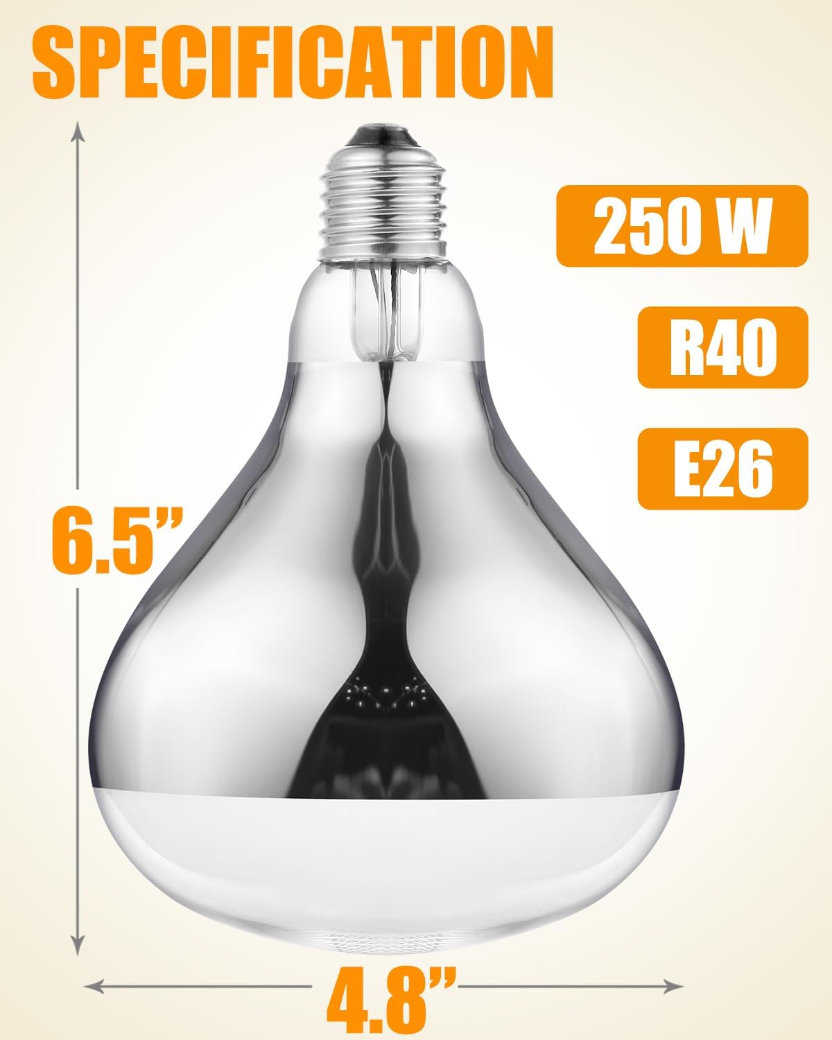 250W Heat Lamp Bulbs, 8000 Hours Rated, R40 Bathroom Shower Incandescent Light Bulb, Infrared