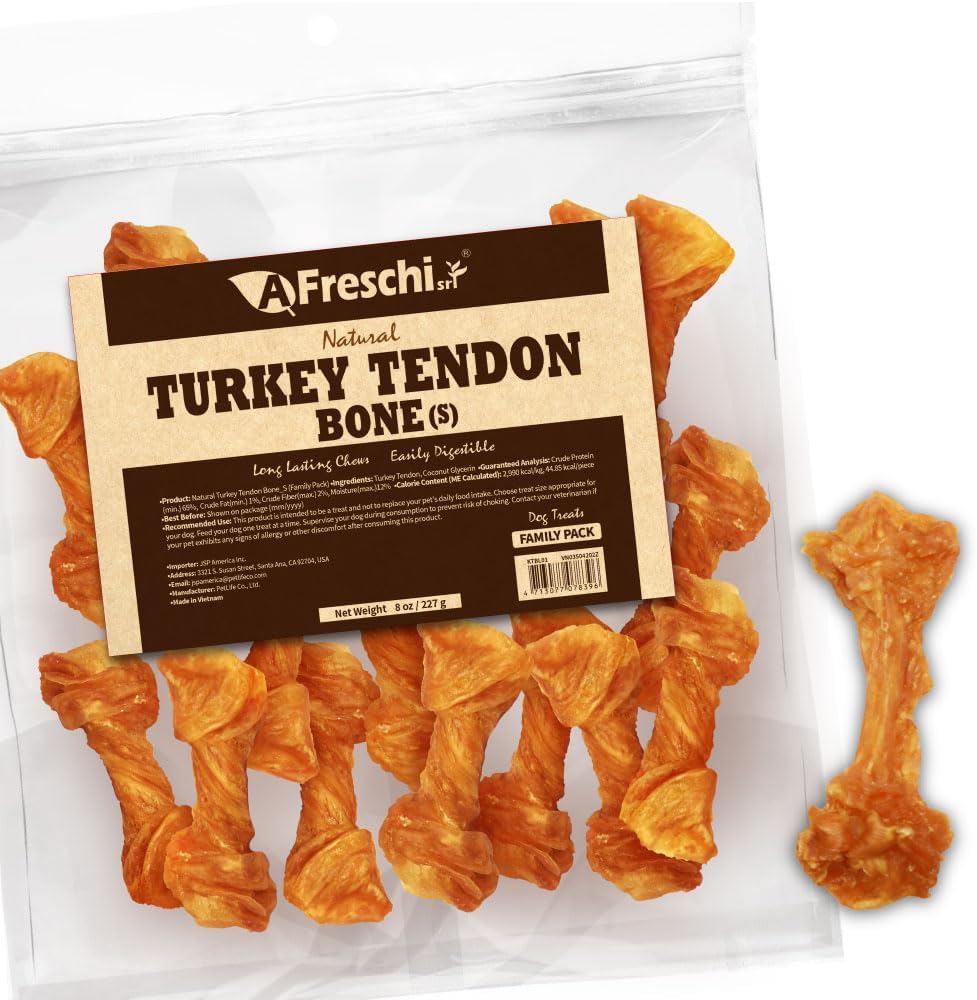 Afreschi Natural Turkey Tendon Bone (S) 8 oz, USA-Sourced Turkey Tendon, All Natural Puppy Chew