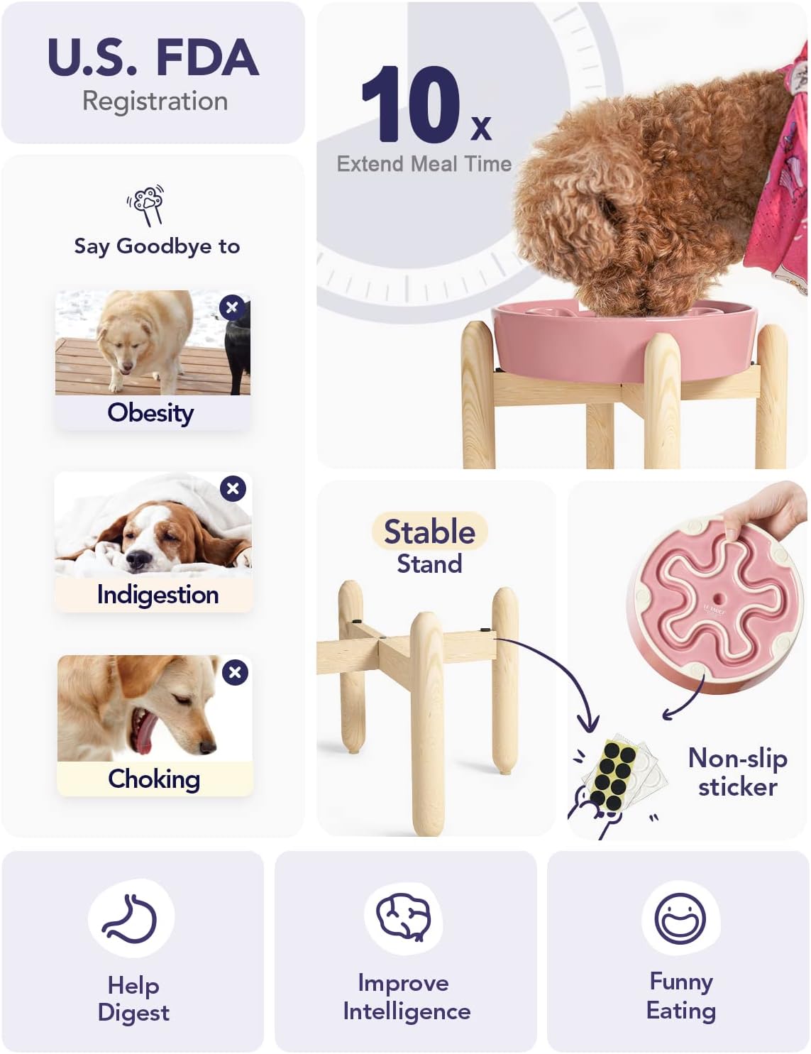 LE TAUCI Ceramic Slow Feed Dog Bowls, Elevated for Small and Medium Breed Dogs, Anti-Gulping Pet