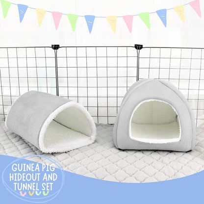Guinea Pig Hideout and Tunnel Set, Soft Plush Bed & Play Tunnel for Guinea Pigs, Rabbits, Ferrets