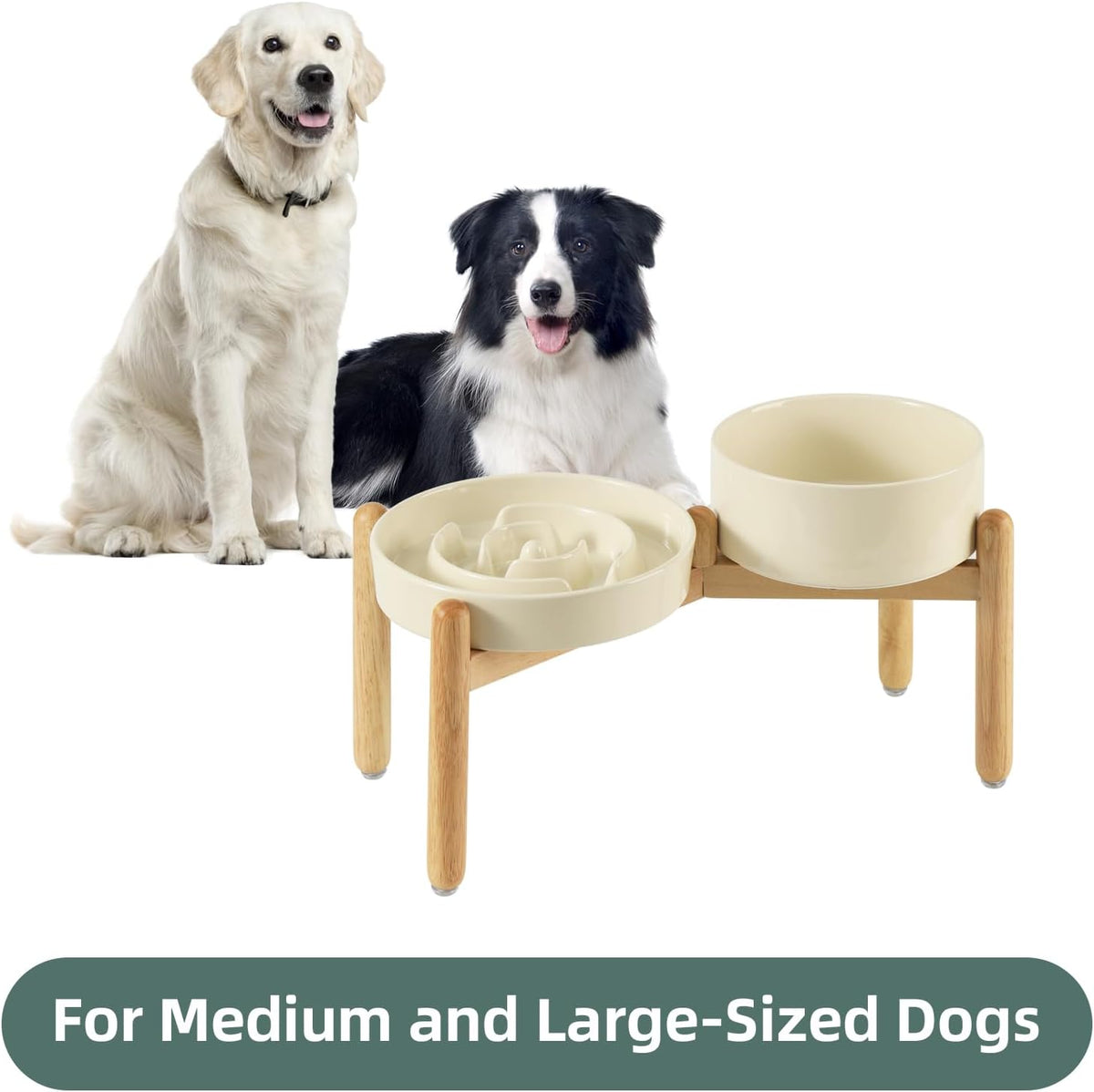 Ceramic Raised Slow Feeder Dog Bowl Set, Elevated 7.3inch Bowl and 8.2inch Puzzle Slow Dish with