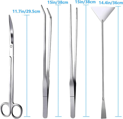 15in Aquascaping Tools, 4 in 1 Long Aquarium Tweezers Scissors Spatula, Stainless Steel Aquatic