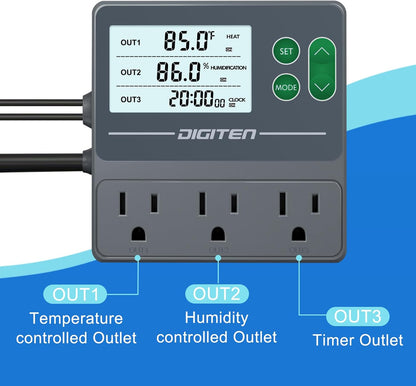 DIGITEN Temperature and Humidity Controller with Timer - 3 Outlet, 2 Separate Probes, Plug in