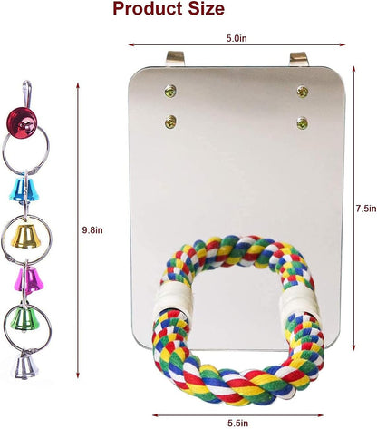 7" Bird Mirror with Rope Perch Bird Toys Swing, Comfy Perch for Greys Amazons Parakeet Cockatiel