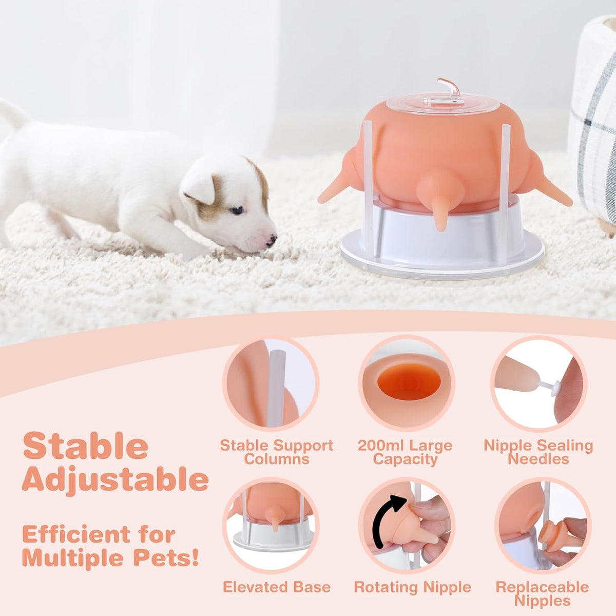 Nursing Nipple Puppy Feeders for Multiple Puppies, 200ml Food-Grade Silicone with 4 Adjustable