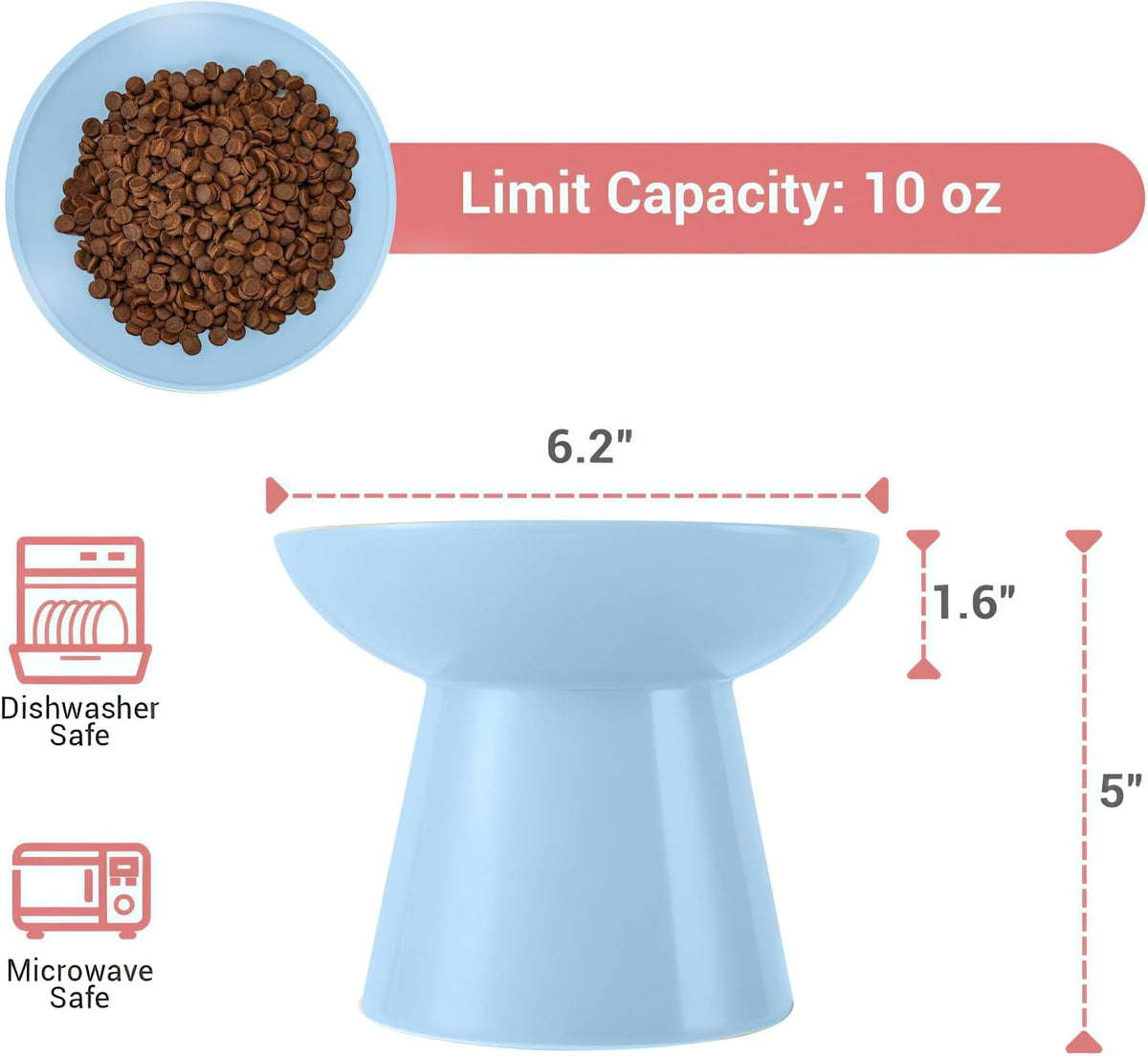 Extra Wide Elevated Ceramic Cat Bowl, 6.2" Shallow Dish for Whisker Fatigue Relief, 5" Height for