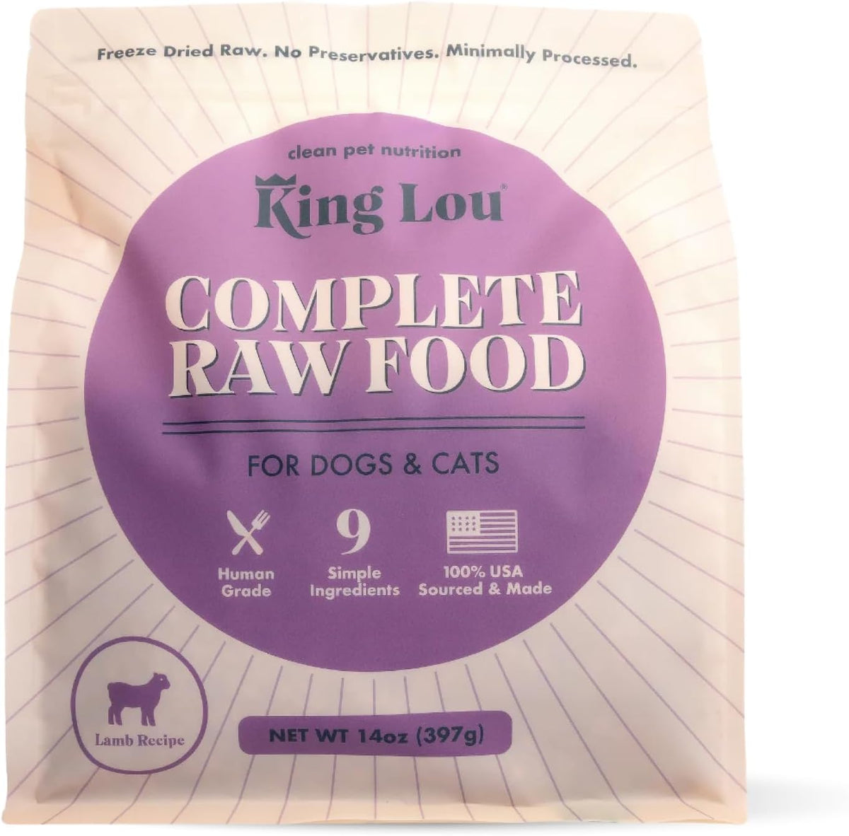 King Lou Pets - Human Grade Raw Food for Dogs and Cats - Complete Meal for Pets - Freeze Dried Lamb