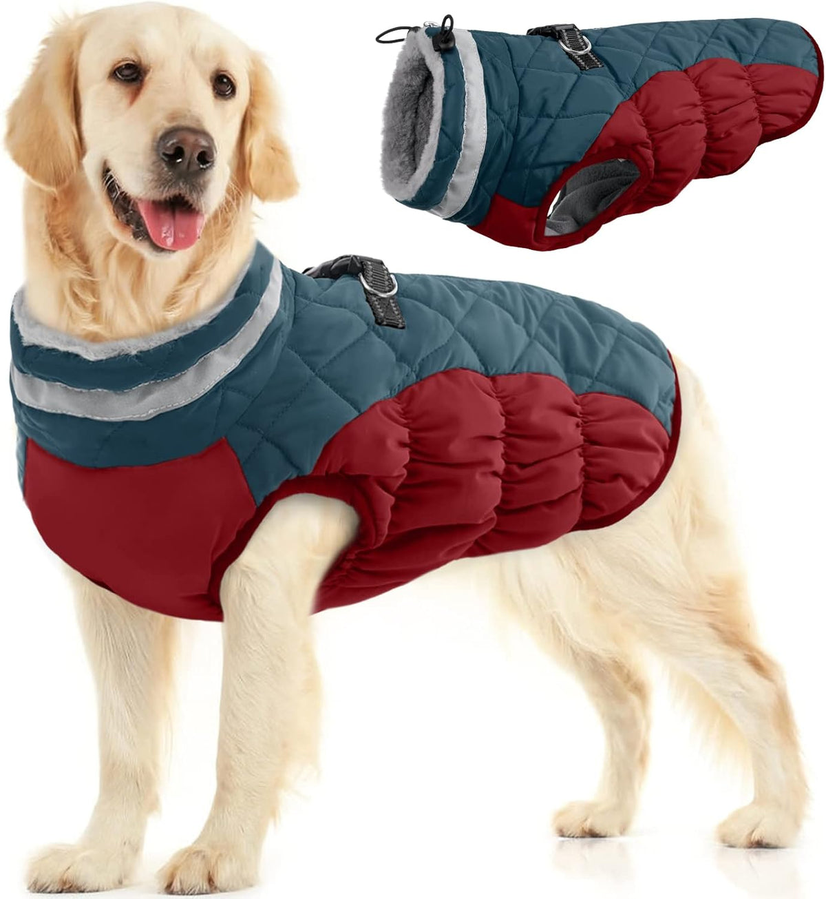 FUAMEY Dog Coat for Large Dogs,Waterproof Dog Winter Jacket with Harness Built in Puppy Cold