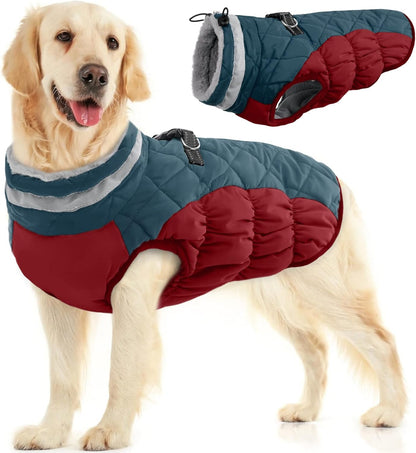 FUAMEY Dog Coat for Large Dogs,Waterproof Dog Winter Jacket with Harness Built in Puppy Cold