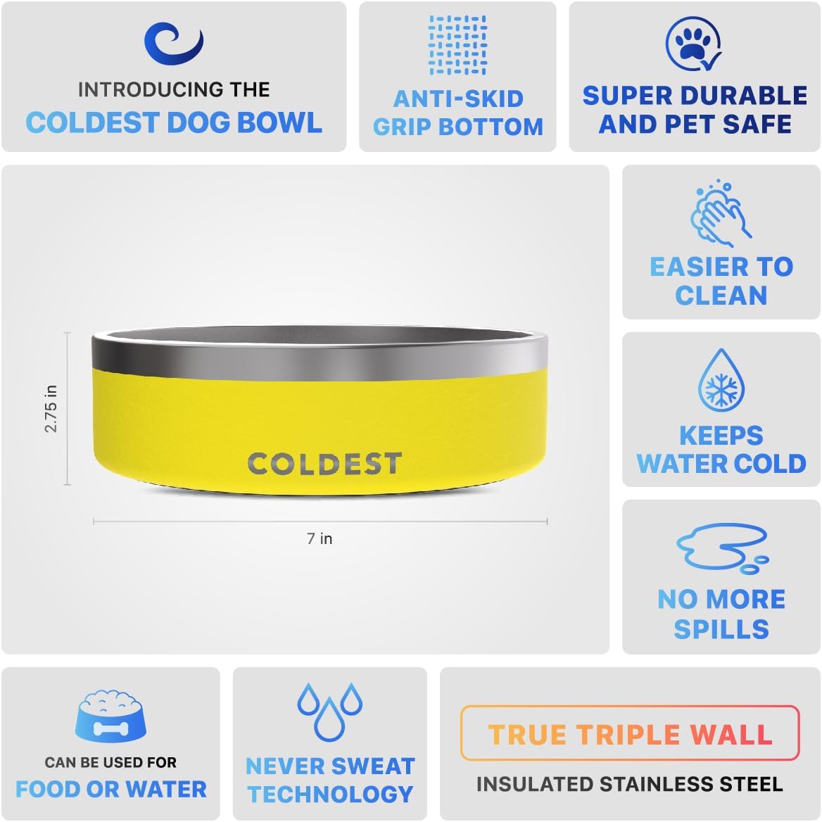 Coldest Dog Bowl - Anti Rust Metal, Non Slip, 3 Layers Insulated Stainless Steel Dog Bowls - Spill