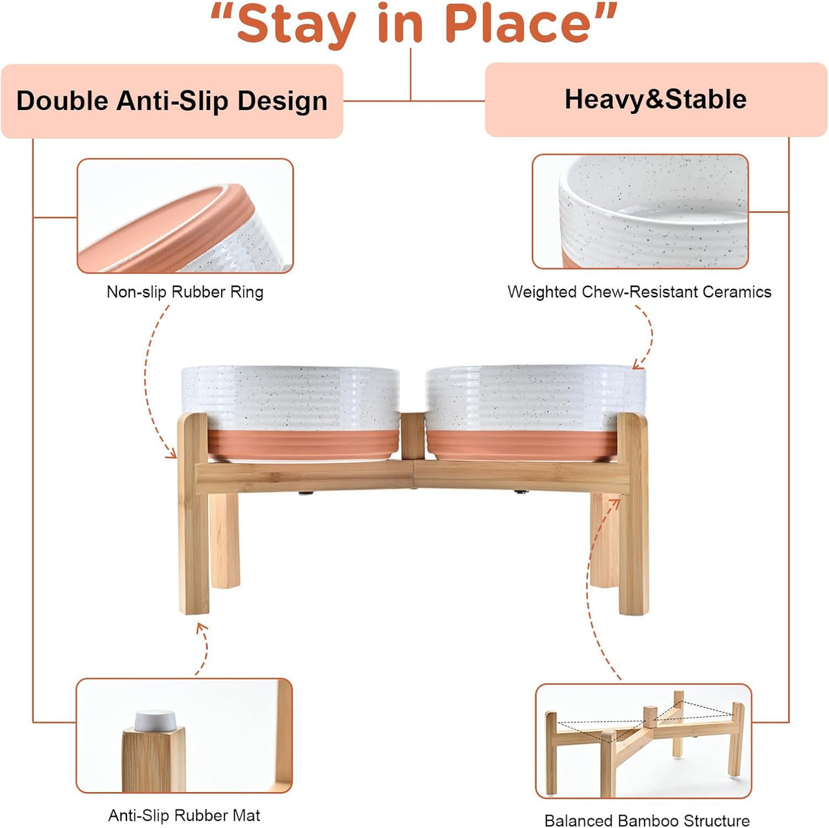 SPUNKYJUNKY Elevated Dog Bowls Ceramic, 7.3'' Dogs Food Water Bowls Raised with Non-Slip Bamboo