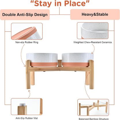 SPUNKYJUNKY Elevated Dog Bowls Ceramic, 7.3'' Dogs Food Water Bowls Raised with Non-Slip Bamboo