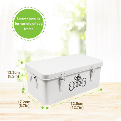Metal Dog Treat Container,Dog Treats Storage Box with Lid,White Pet Food Bin with