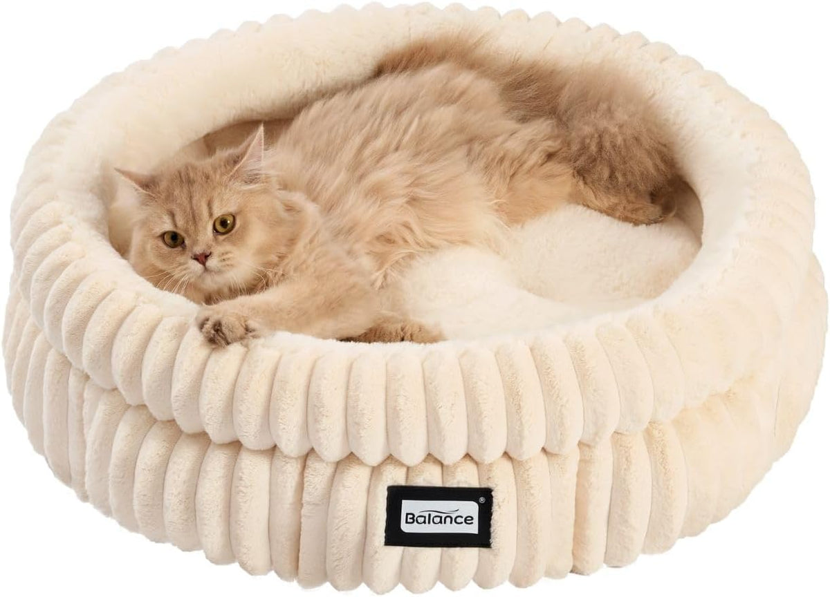 BALANCE Cat Bed Kitten Bed, Washable Round Cat Beds for Indoor Cats,Super Soft Plush Faux Fur Pet