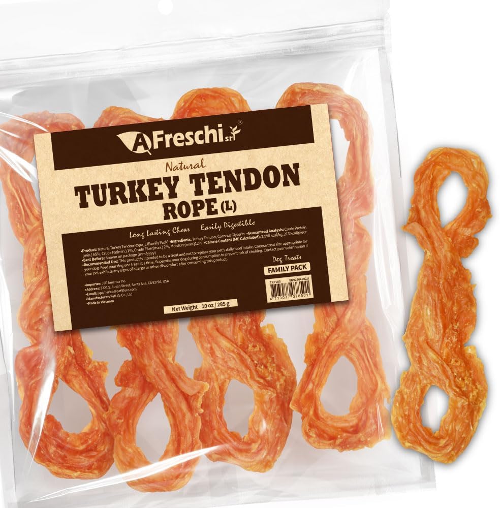 Afreschi Natural Turkey Tendon Rope (L) 10 oz, USA-Sourced Turkey Tendon, All Natural Puppy Chew