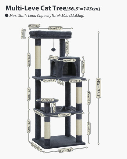 Cat Tree for Large Cats with Metal Plush Big Hammock, 56.3" Cat Tower for Indoor Cats with 2 Door