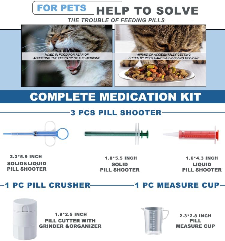 Cat Pill Shooter 5-in-1 Kit, Pet Pill Cutter and Crusher for Cats and Dogs, Dog Tablet Soft Tip