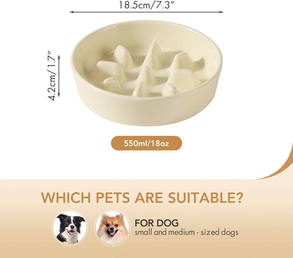 Ceramic 7.3 inch Dog Bowl Slow Feeder, Slow Pet Food Dish for Medium and Small Dog, Stop Bloat