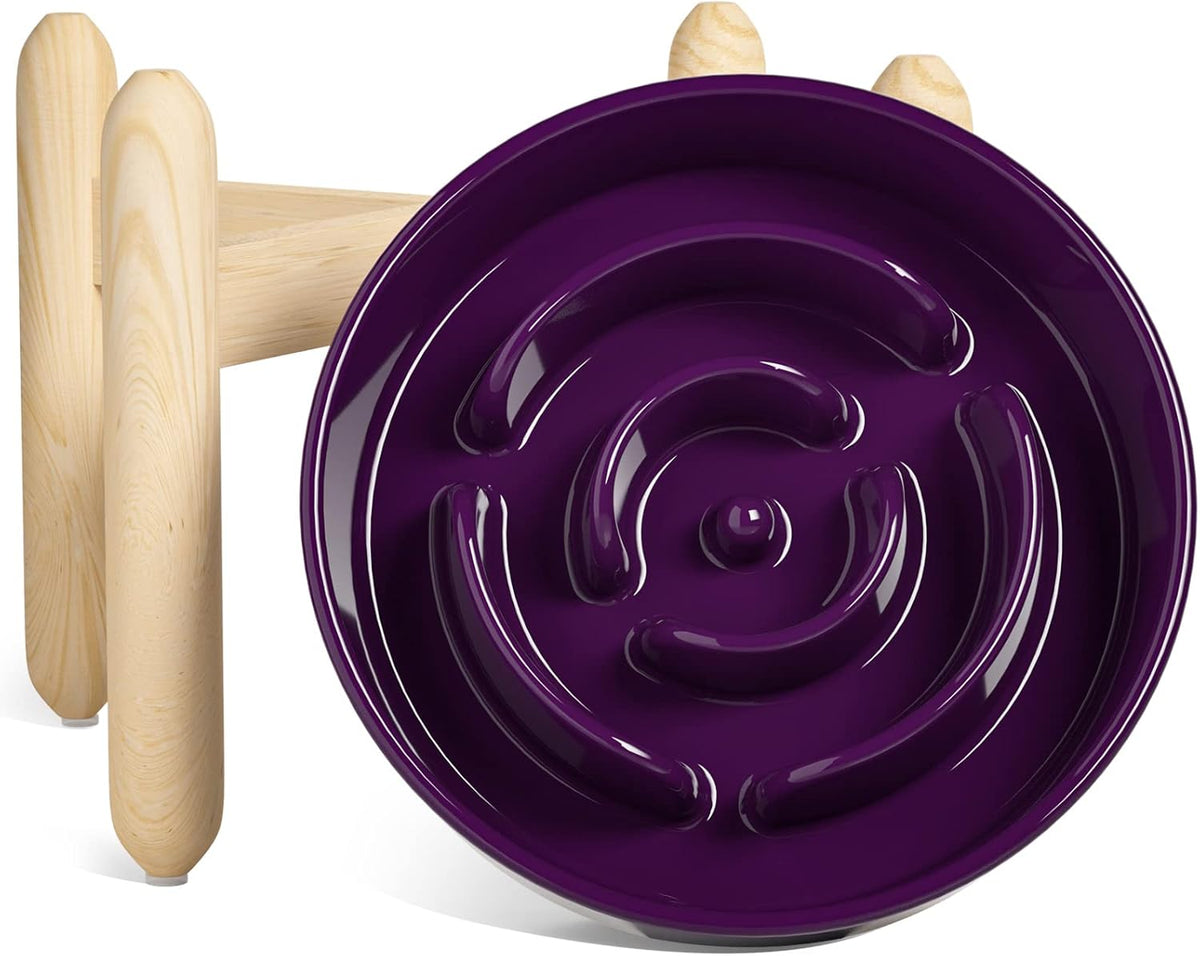 LE TAUCI Ceramic Slow Feeder Dog Bowls Elevated, 3 Cup Raised Bowl with Wooden Stand for Medium