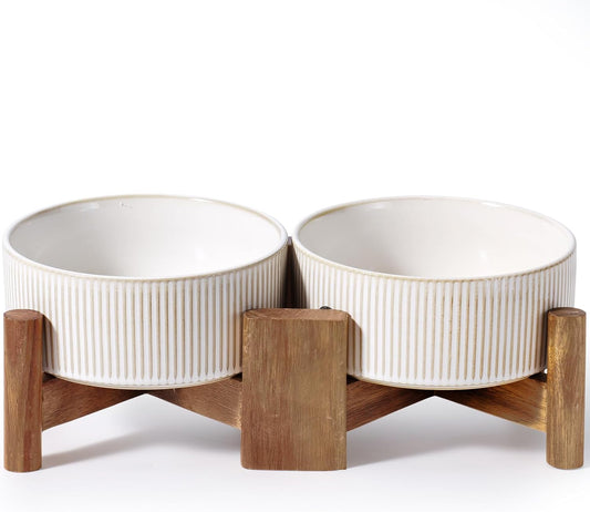 Getstar Ceramic Dog Bowls with Acacia Wood Stand, 30 fl oz, Set of 2, Dog Food Bowl, Cat Bowls (6.5
