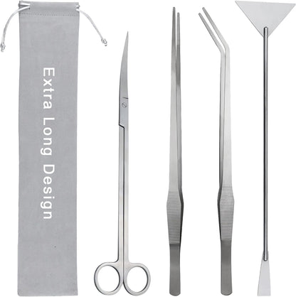 Aquarium Aquascape Tools Kit, Long 15 Inch Stainless Steel Aquatic Plants Tools, 4 in 1 Anti-Rust