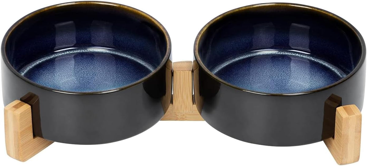 SPUNKYJUNKY Ceramic Dog and Cat Bowl Set with Wooden Stand, Modern Cute Weighted Food Water Set for