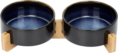 SPUNKYJUNKY Ceramic Dog and Cat Bowl Set with Wooden Stand, Modern Cute Weighted Food Water Set for