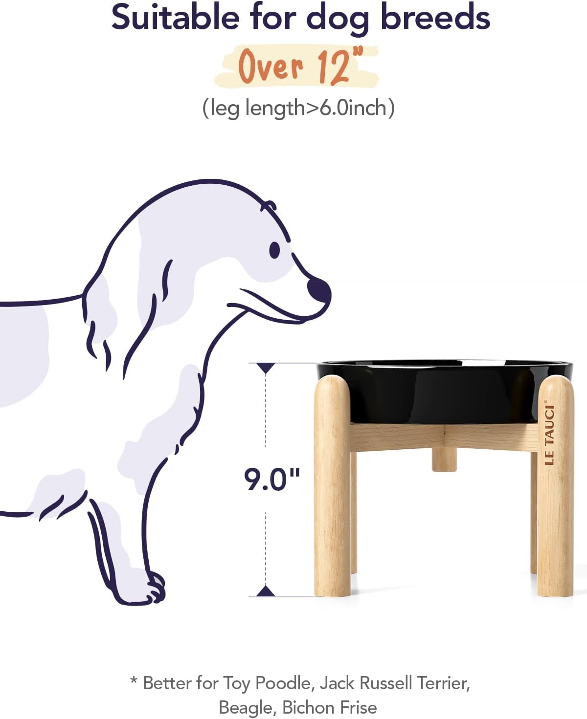 LE TAUCI Ceramic Slow Feeder Dog Bowls Elevated, 3 Cup Raised Bowl with Wooden Stand for Medium