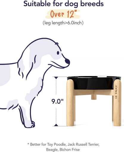 LE TAUCI Ceramic Slow Feeder Dog Bowls Elevated, 3 Cup Raised Bowl with Wooden Stand for Medium