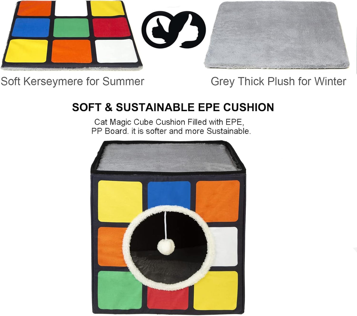 LUCKITTY Cat Condo House with Reversible Cushions and Fluffy Ball Hanging, Foldable Magic Cube