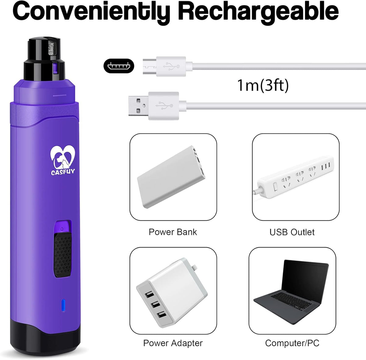 Casfuy Dog Nail Grinder Upgraded - Professional 2-Speed Electric Rechargeable Pet Nail Trimmer