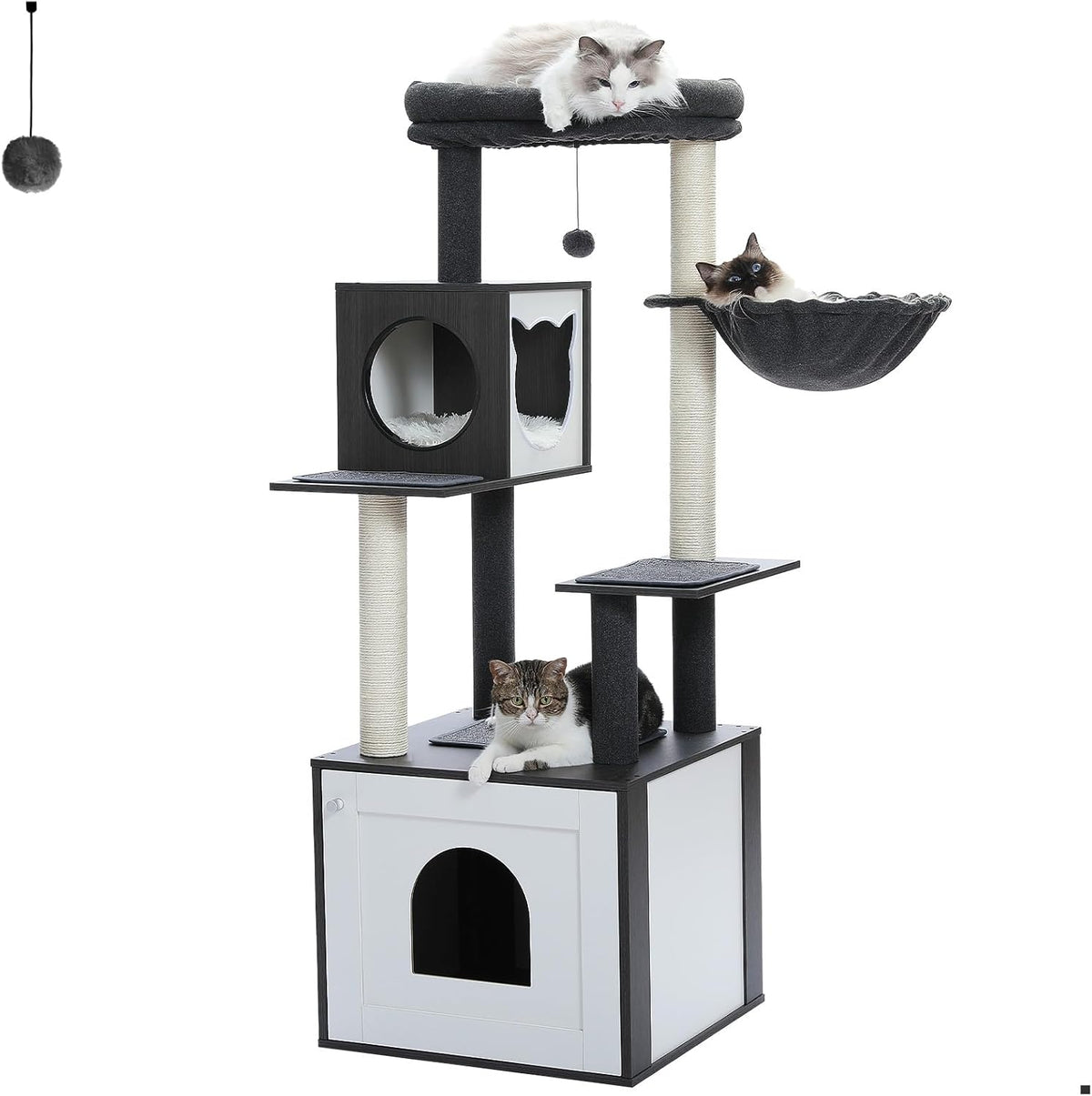 Tall Cat Tree with Litter Box Enclosure 56.7" Wooden Cat Tower for Large Cats with Cat Hammock