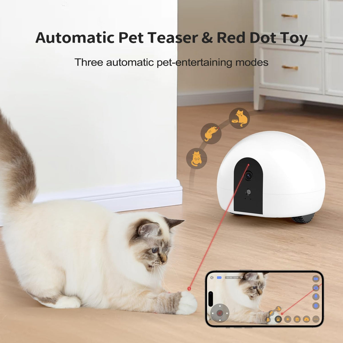Cat Camera with Interactive Pointer Toy, Moving Robot for Dog and Cat, Mobile Pet Camera Treat