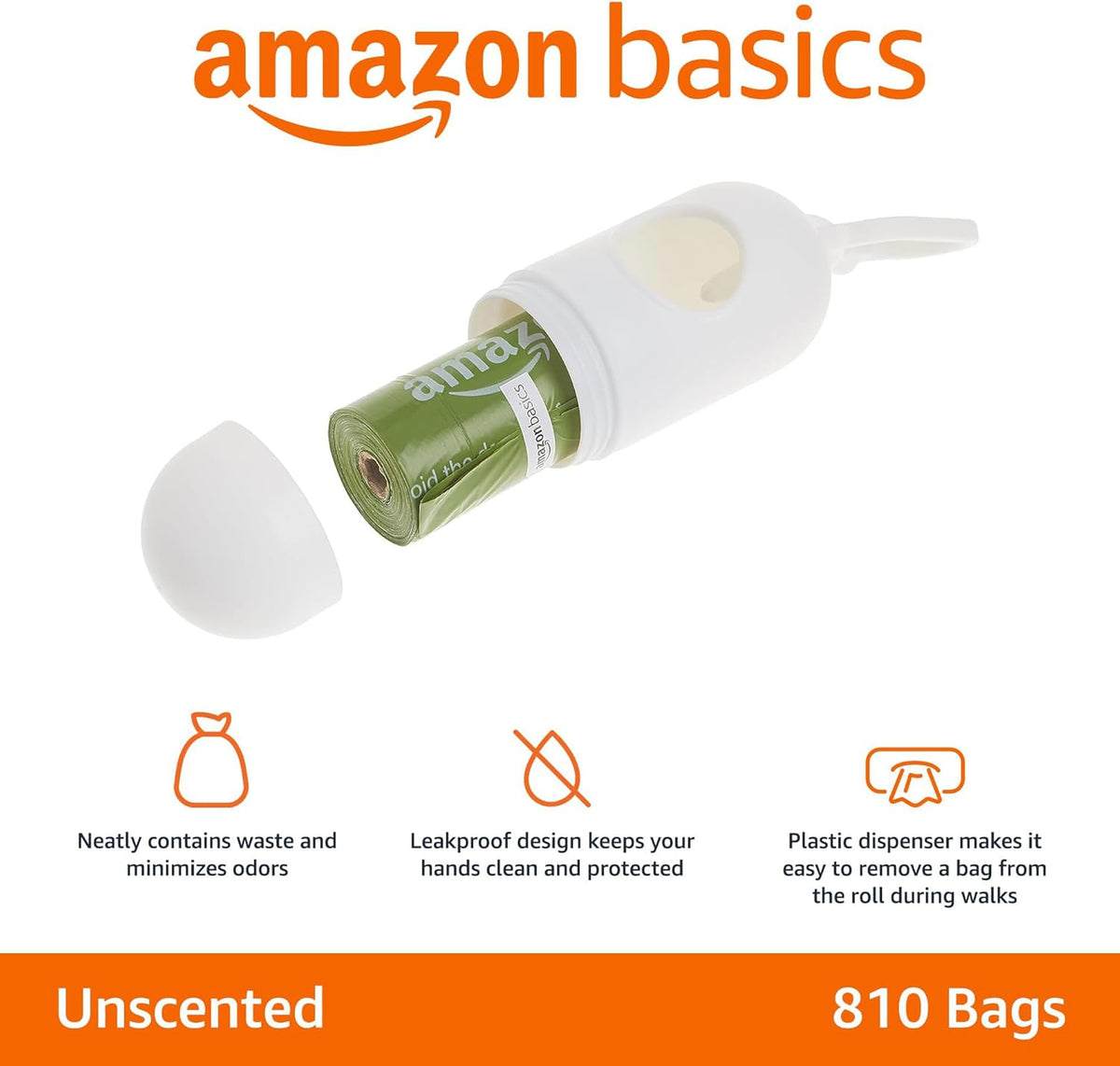 Amazon Basics Leak Proof Dog Poop Bags with Dispenser and Leash Clip, Unscented, 13 x 9 Inches
