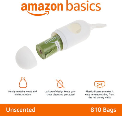 Amazon Basics Leak Proof Dog Poop Bags with Dispenser and Leash Clip, Unscented, 13 x 9 Inches